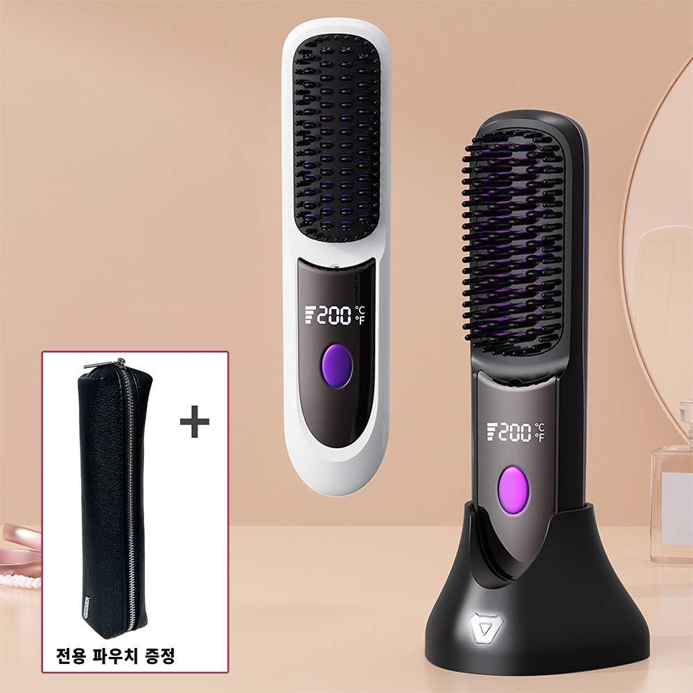 신제품 프라임허브 휴대용 무선 빗 고데기 청담스타일 헤어 뿌리 볼륨 매직기 브러쉬 +파우치 상세 이미지 1