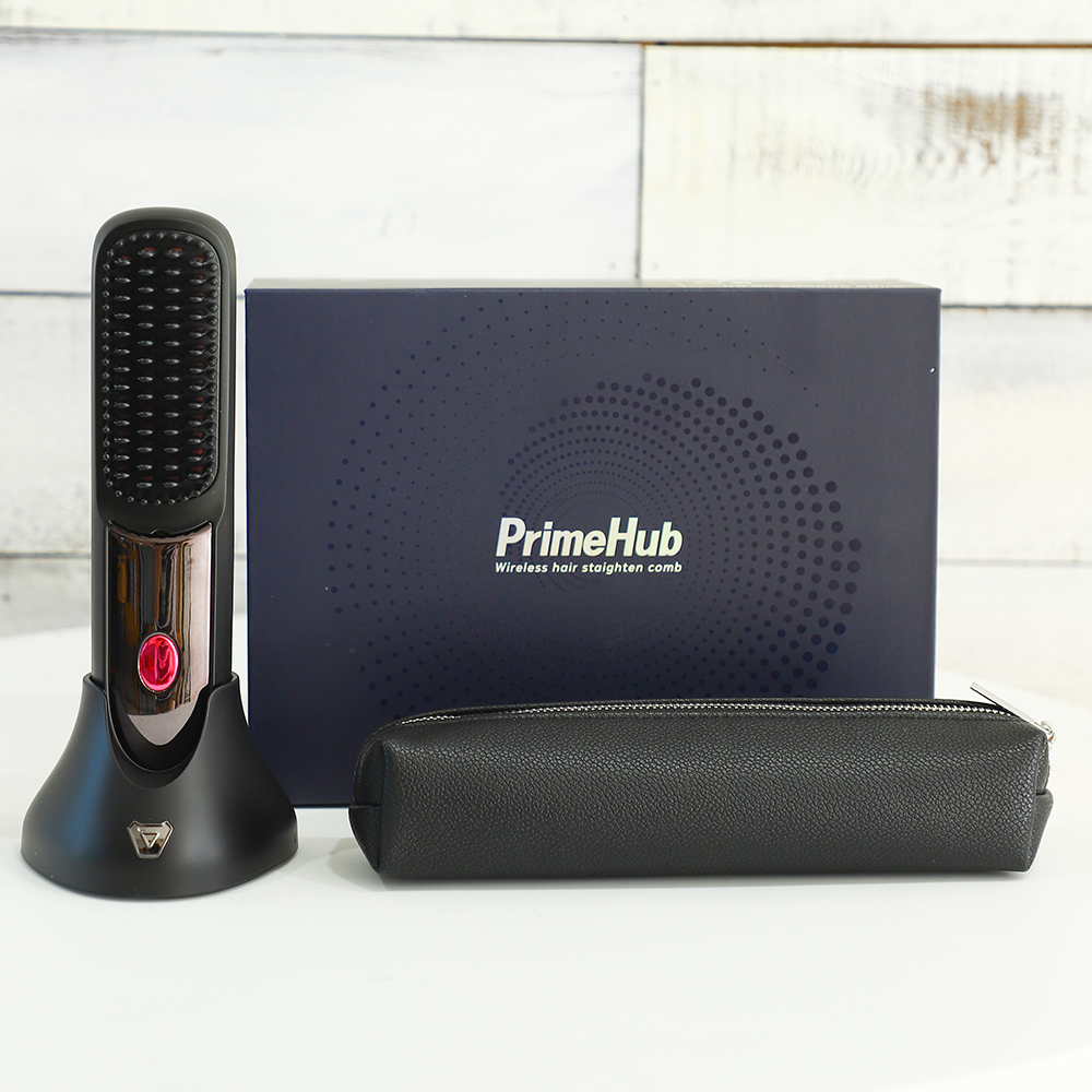 신제품 프라임허브 휴대용 무선 빗 고데기 청담스타일 헤어 뿌리 볼륨 매직기 브러쉬 +파우치 상세 이미지 1