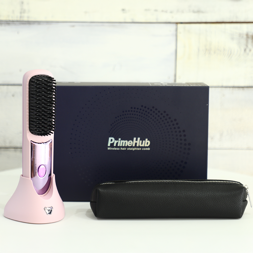 신제품 프라임허브 휴대용 무선 빗 고데기 청담스타일 헤어 뿌리 볼륨 매직기 브러쉬 +파우치 상세 이미지 1